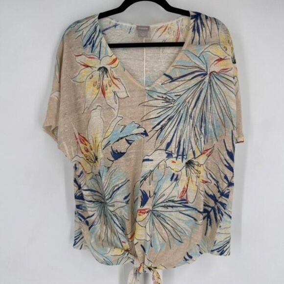 Chico's Women's Linen Blend Tropical Print Tie Front V-Neck Top Tan Blue Sz 3 XL - Picture 4 of 8